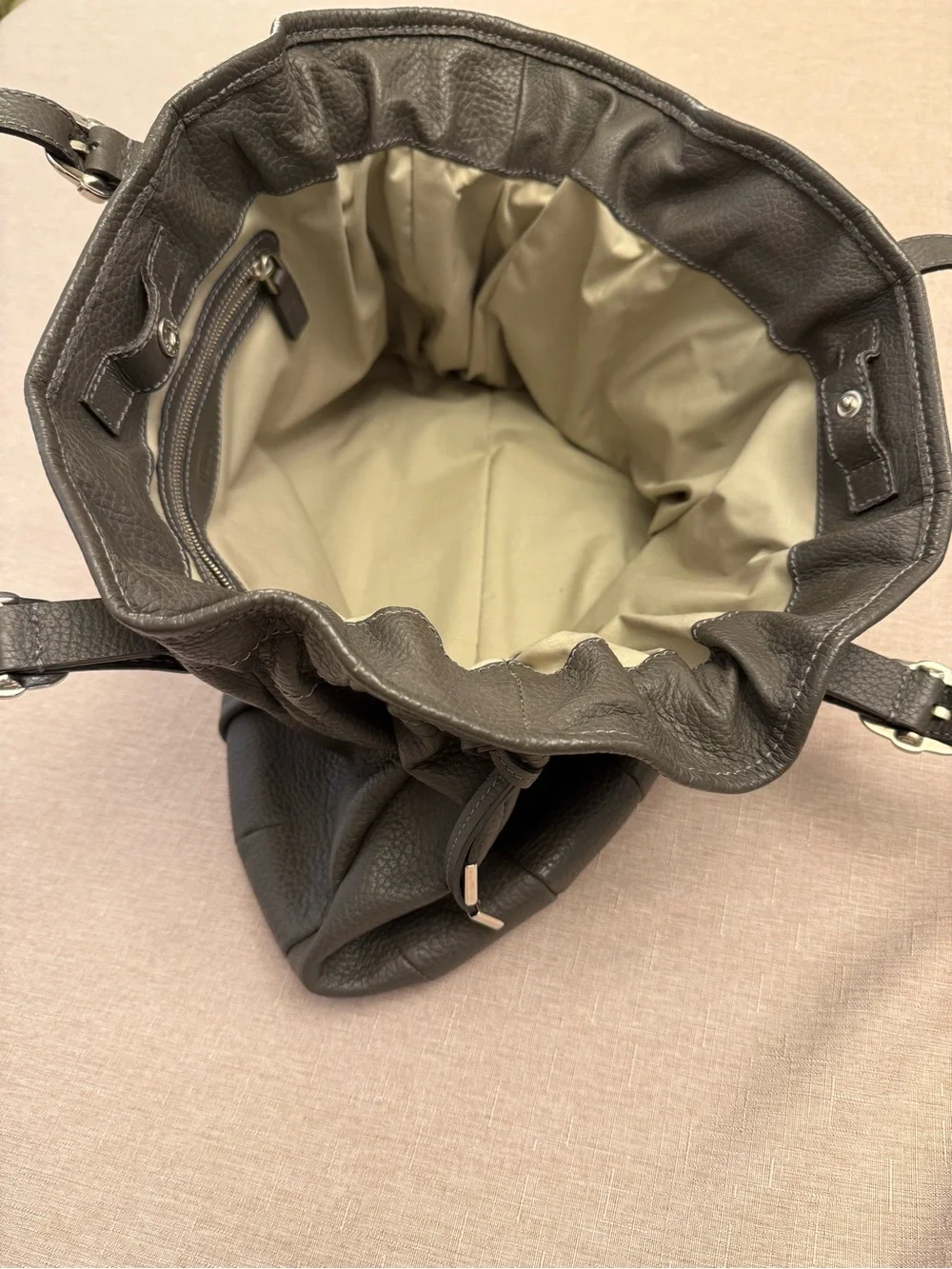 Tod's Dark Brownish Gray Pebbled Leather Tote with Buckle Accents